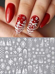 5d 雪聖誕指甲貼,2 件白色雪花冬季雪人浮雕融化雪聖誕樹設計 Diy 指甲貼花滑塊裝飾美甲用品 - 白色 - 查看 1