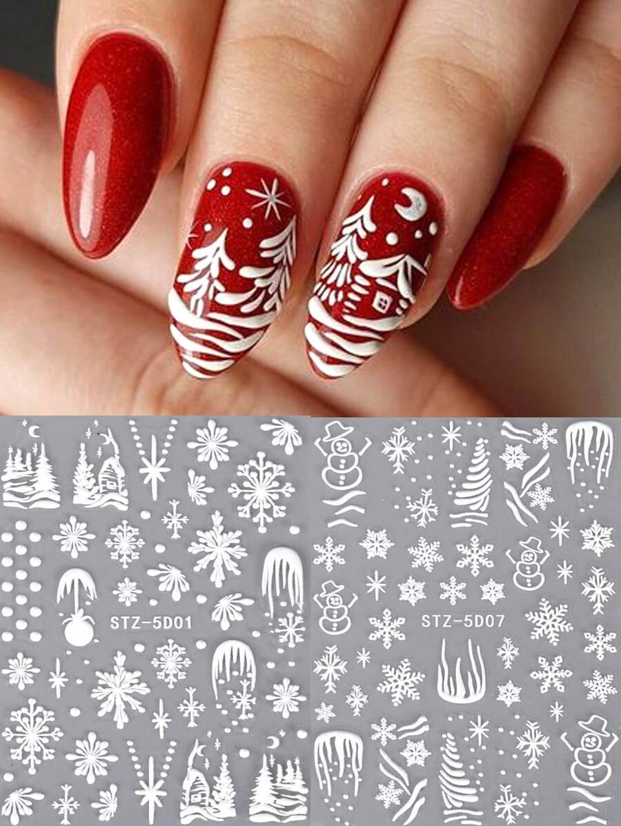 5d 雪聖誕指甲貼,2 件白色雪花冬季雪人浮雕融化雪聖誕樹設計 Diy 指甲貼花滑塊裝飾美甲用品 - 白色 - 查看 1