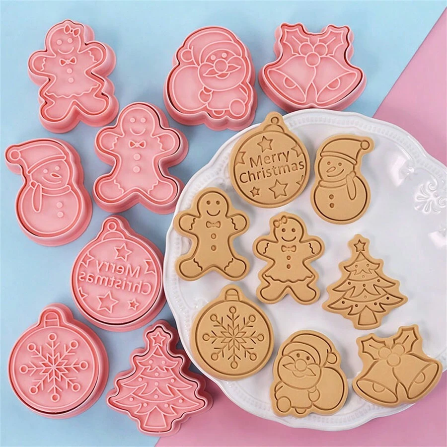 8pcs Christmas Cookie Cutter Set Cartoon Christmas Tree Gingerbread Man Fondant Baking Mold Cookies Cutting Tools - Pink - View 1