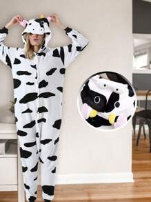 Pijamas Kigurumi Vaca Pijama Completa Mameluco Disfraz Unisex Halloween - Blanco y Negro - Ver 1