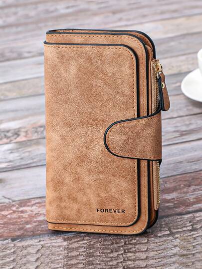 Carteira Vintage Fosca Feminina Três Dobras Snap & Zipper Porta-Moedas e Cartões Multifuncional Prática Negócios Casual Para Mulheres Carteira Bolsa Carteira Carteira Longa