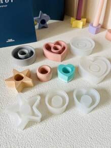 獨特的水泥燭台矽膠模具,心形圓形混凝土燭台模具,星形裝飾燭台石膏模具 - 白色 - 查看 2