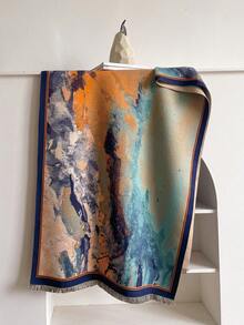 1條女式秋冬季假羊絨復古油畫提花圍巾,加厚保暖,多用途披肩,適合日常使用 - 彩色 - 查看 3