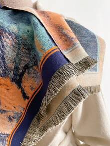 1條女式秋冬季假羊絨復古油畫提花圍巾,加厚保暖,多用途披肩,適合日常使用 - 彩色 - 查看 7