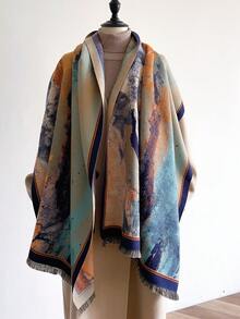 1條女式秋冬季假羊絨復古油畫提花圍巾,加厚保暖,多用途披肩,適合日常使用 - 彩色 - 查看 4