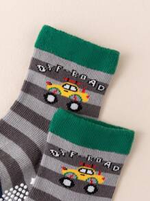 6pairs Boys' Anti-skid Cartoon Construction Vehicles And Police Car Series Floor Socks For Infant And Toddler
