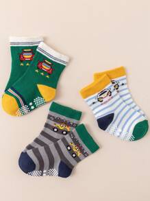 6pairs Boys' Anti-skid Cartoon Construction Vehicles And Police Car Series Floor Socks For Infant And Toddler