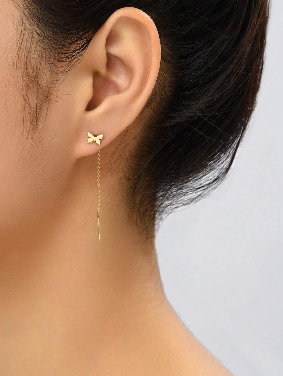 Nooxian 1 đôi Threaded Loại bướm Yếu tố Tua Dangle Hoa tai - Vàng - Xem 1