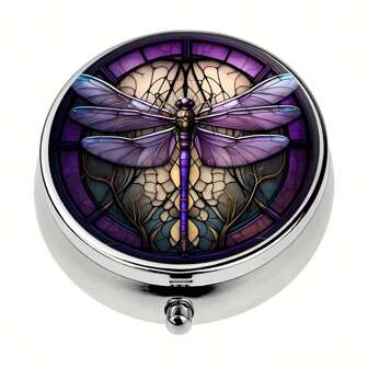 1pc Purple Dragonfly Pill Box 3 Compartment Medicine Pill Organizer, Mini Pill Box, Pill Case For Purse,Portable Pill Box For Pocket Or Purse Pill Box Decorative Metal Medicine Vitamin Organizer Unique Gift Travel