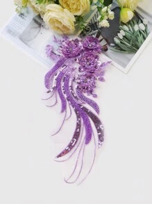 Bnh3800 經典網眼蕾絲刺繡珠子和花朵貼片適用於婚紗、正裝和表演服裝、縫紉用品和配件,尺寸:32.5 厘米*14 厘米 - 紫色 - 查看 1