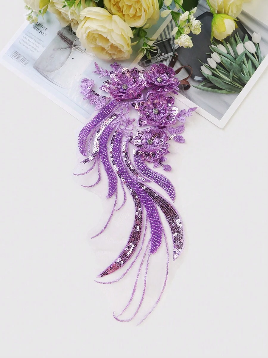 Bnh3800 經典網眼蕾絲刺繡珠子和花朵貼片適用於婚紗、正裝和表演服裝、縫紉用品和配件,尺寸:32.5 厘米*14 厘米 - 紫色 - 查看 1