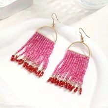 1對歐美風格清新優雅的半圓金屬設計粉色玻璃珠吊墜耳環,適合女性日常佩戴 - 彩色 - 查看 5