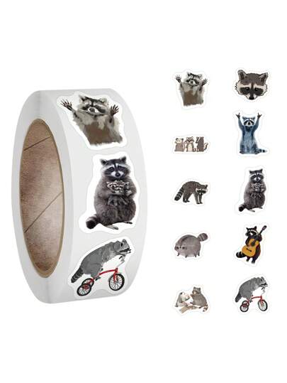 500 Piezas De Etiquetas Engomadas De Vinilo De Los Mapaches Lindos De Dibujos Animados En Rollo Para Álbum De Recortes, Diario, Computadora Portátil, Parachoques, Monopatín, Botellas De Agua, Ordenador, Teléfono, Rollo De Etiquetas Engomadas De Dibujos Animados