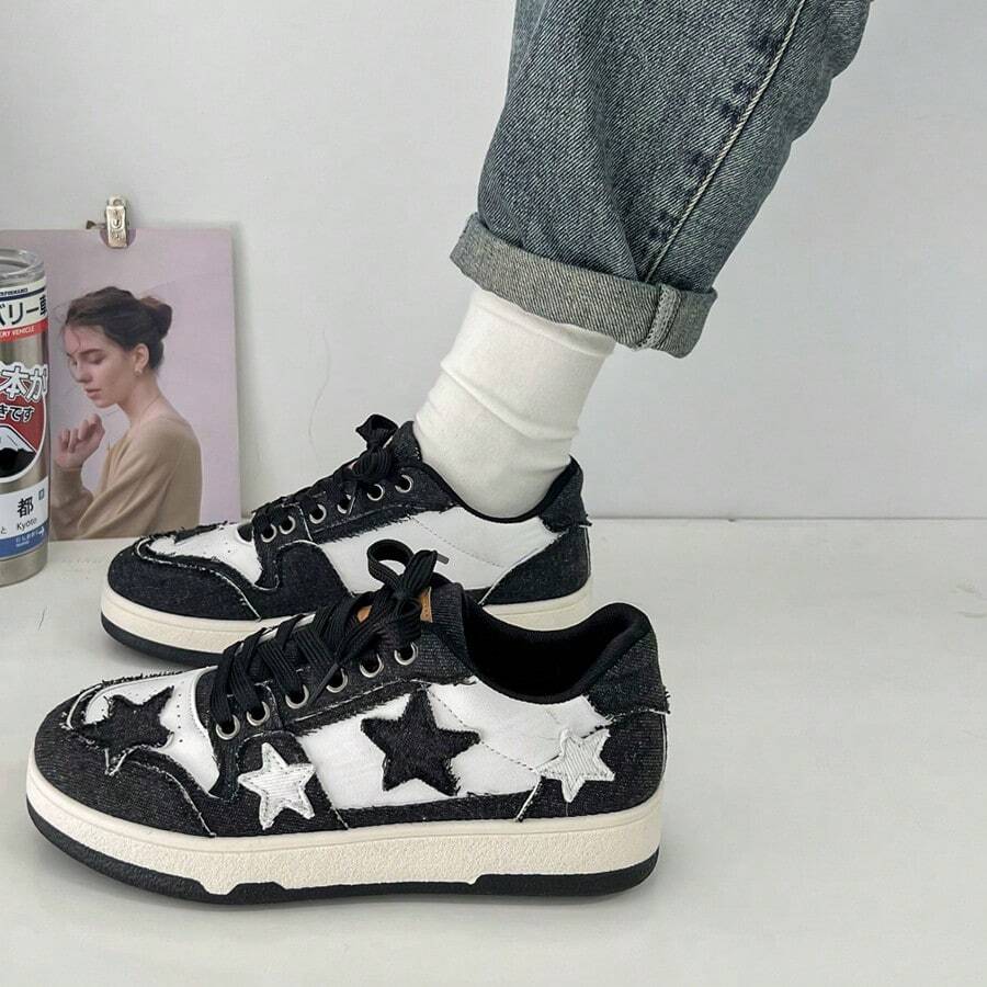 文藝風格時尚星星設計運動休閒鞋 - 黑色 - 查看 1