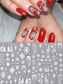 5d 雪聖誕指甲貼,2 件白色雪花冬季雪人浮雕融化雪聖誕樹設計 Diy 指甲貼花滑塊裝飾美甲用品 - 白色 - 查看 2