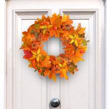 1入組感恩節楓葉南瓜花環新秋季色彩模擬藤圈家居裝飾萬聖節門飾 - 橘色 - 查看 2