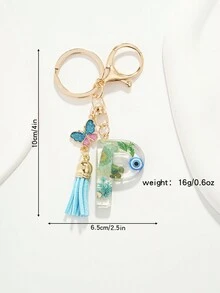 1入組女性可愛的p字母蝴蝶流蘇鑰匙扣與人造花、樹脂和玻璃眼吊墜,可將車鑰匙、手提包裝飾
