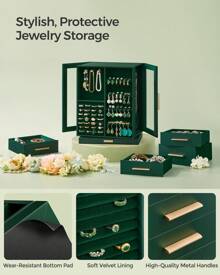 Jewelry Box 360° Rotating, Jewelry Storage Case With 5 Drawers, Jewelry Organizer, Glass Window, Spacious, Vertical Jewelry Storage, Open Design, Great Gift, Cloud White, Graphite Black, Forest Green, Slate Gray - Green - View 4