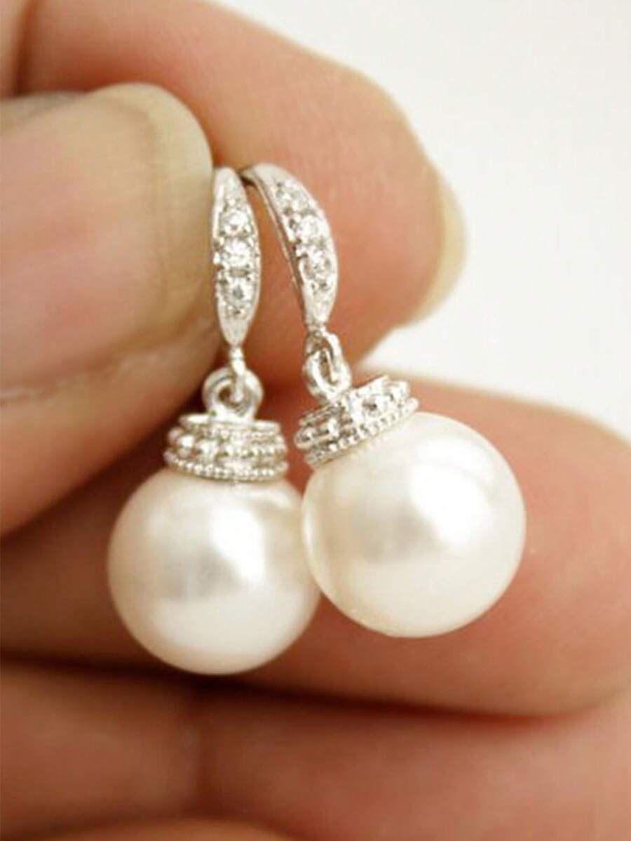 1 對古典方晶鋯石和人造珍珠女士吊式耳環結婚紀念日訂婚派對珠寶情人節禮物