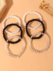 6入組黑白彈性繩極簡主義珠子手鍊 6mm