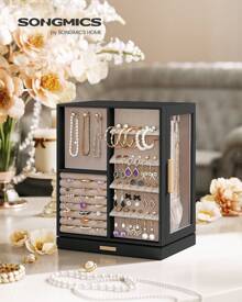 SONGMICS Caja joyero giratoria de 360°, estuche de almacenamiento de joyas con 5 cajones, organizador de joyas, ventana de vidrio, espacioso, almacenamiento vertical de joyas, diseño abierto, gran regalo, blanco nube, negro grafito, verde bosque, gris pizarra, almacenamiento para dormitorio de vuelta al cole