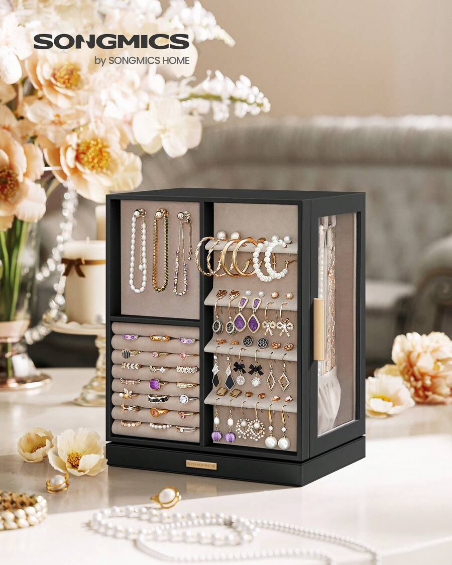 SONGMICS Caja joyero giratoria de 360°, estuche de almacenamiento de joyas con 5 cajones, organizador de joyas, ventana de vidrio, espacioso, almacenamiento vertical de joyas, diseño abierto, gran regalo, blanco nube, negro grafito, verde bosque, gris pizarra, almacenamiento para dormitorio de vuelta al cole