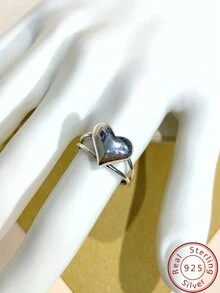 1入組時尚s925純銀雙層大心臟開口戒指,男女兼用,休閒風格,適合日常穿著,節日和派對,可調節大小,完美禮物