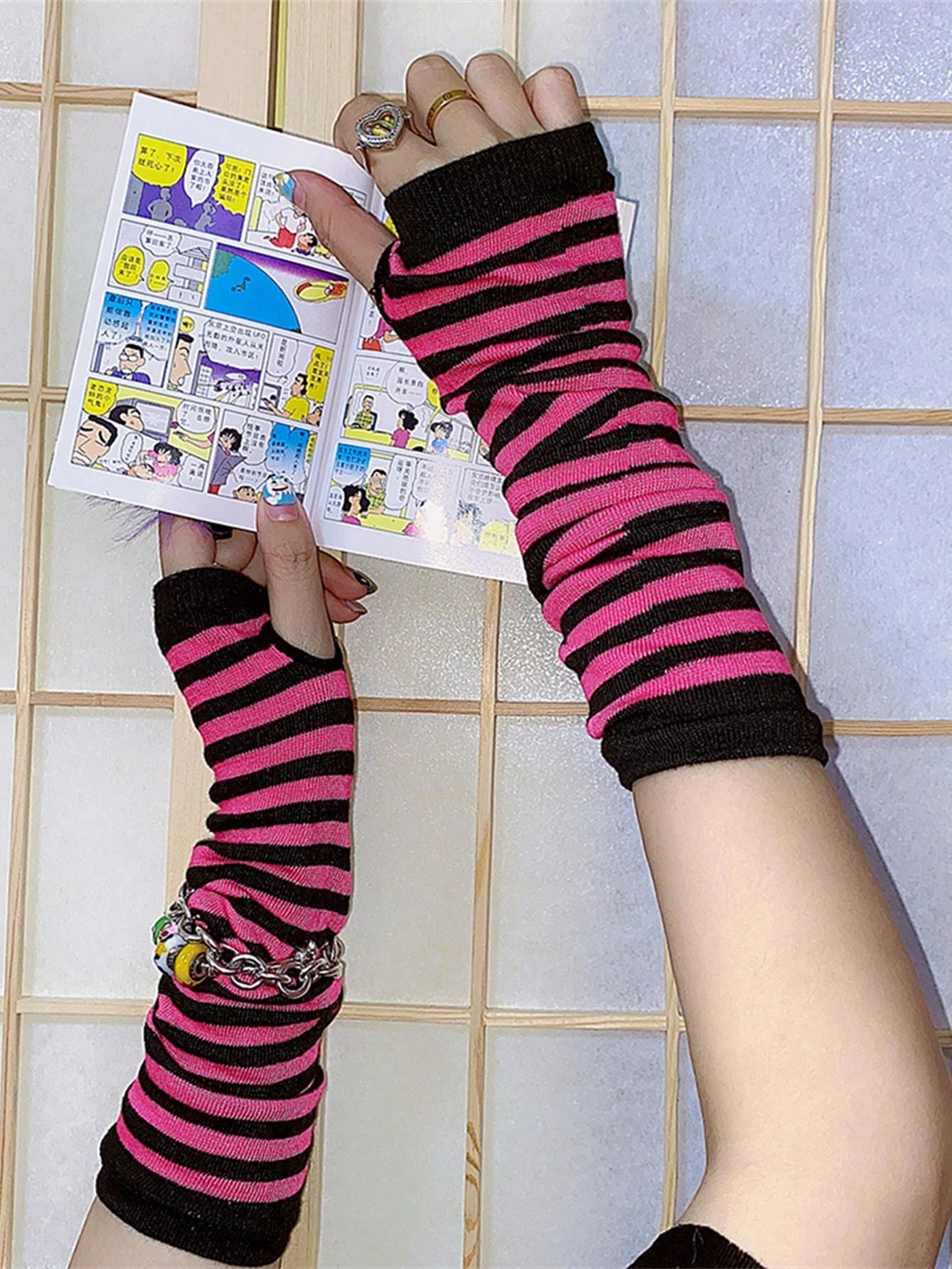 1pair Ladies' Pink & Black Striped Long Wristband Fingerless Arm Warmer