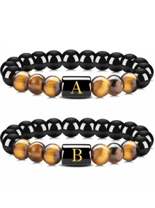 Pulsera Elástica De Piedra De Ojo De Tigre Natural Y Obsidiana Negra, Con Detalle De 26 Letras En Inglés, Joyería De Moda Para Hombres Y Mujeres, 1 Ud.