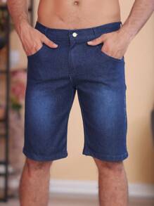 Men Denim Shorts - 深色水洗藍 - 查看 1