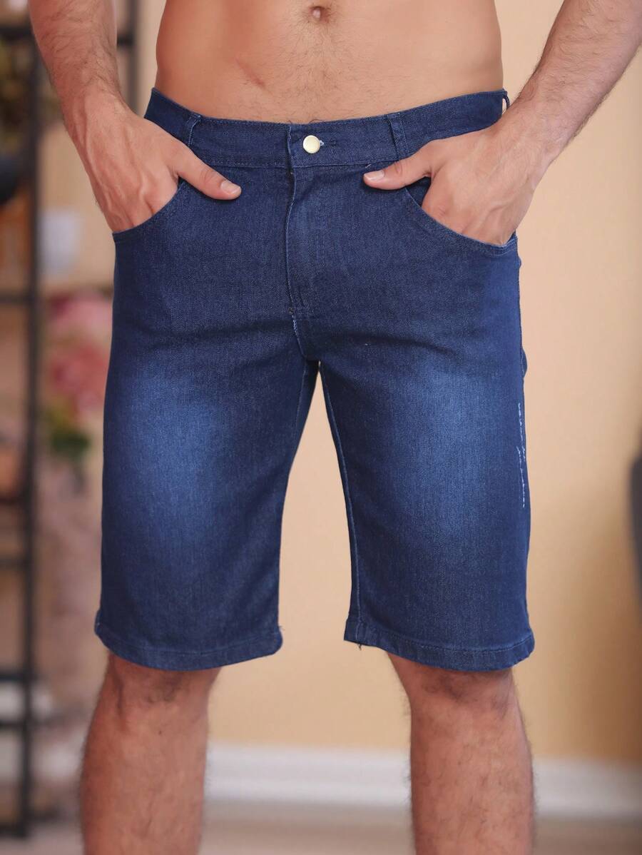 Men Denim Shorts - 深色水洗藍 - 查看 1