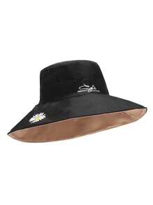 雛菊刺繡雙面女式遮陽帽,寬邊褶邊uv防曬桶帽,可反轉旅行沙灘帽