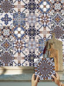 1set 10pcs Self-adhesive & Removable Pvc Kitchen Sticker, European Vintage Floral Pattern Square Waterproof Wall Decal For Home Decor - Multicolor - View 2