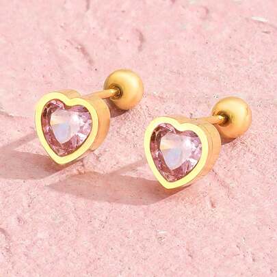 1 Pair Elegant Stainless Steel Cubic Zirconia Heart Stud Earrings, Minimalist & Fashionable, Suitable For Girls, Everyday Wear And Parties