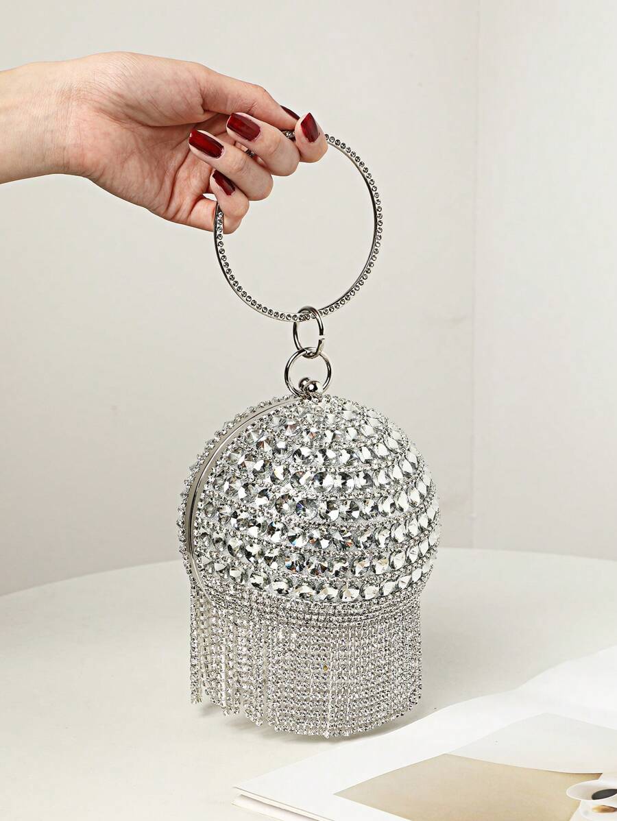 Mini Rhinestone Tassel Handheld Evening Bag, Glamorous Rhinestone Bag - Silver - View 1