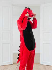 Pijamas Kigurumi Dinosaurio Rojo Pijama Completa Mameluco Disfraz Unisex Halloween - Rojo - Ver 2