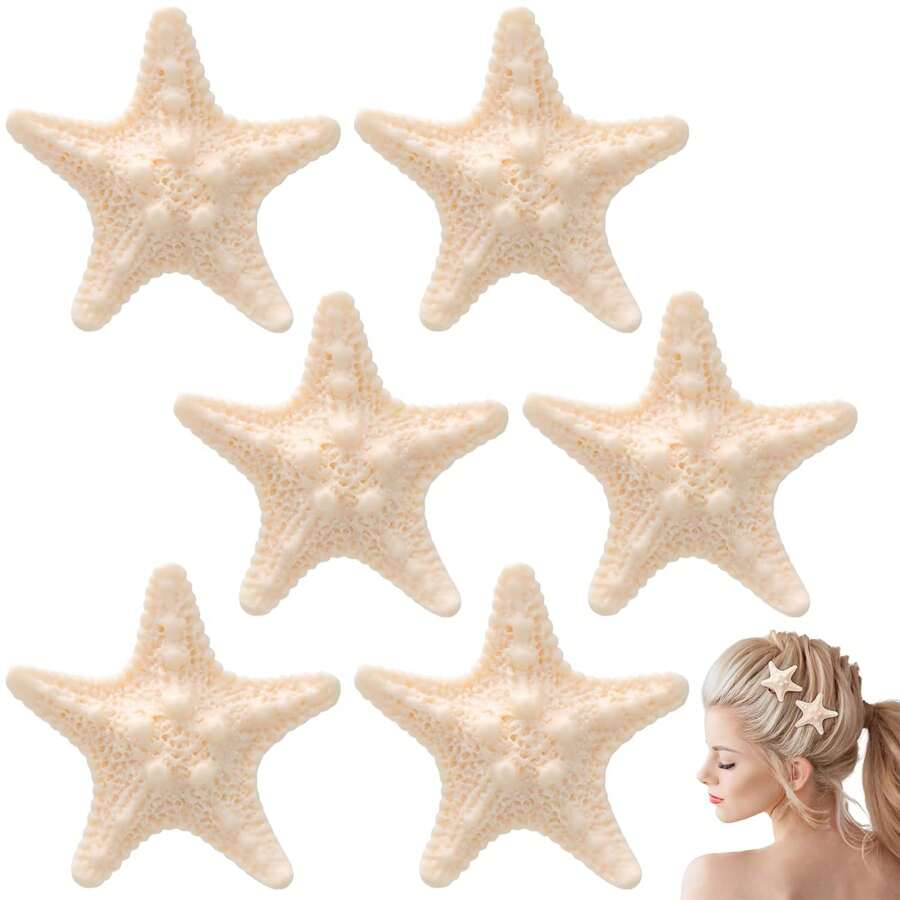 6 Peças Conjunto de Presilhas de Cabelo de Resina com Design de Estrela do Mar, Incluindo Tiara de Sereia e Presilha de Crocodilo, Adequado para Meninas como Acessórios de Cabelo/Presente de Aniversário