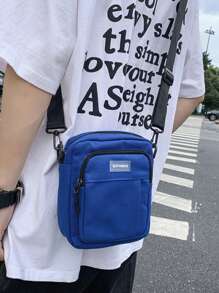 高中生大學新生多功能斜挎包肩袋休閒迷你男士字母圖案斜跨包,手提包書包適用於旅行、學校、戶外、運動、通勤,側袋假日必備輕便攜帶,可調節肩帶方形包袋 - 藍色 - 查看 1