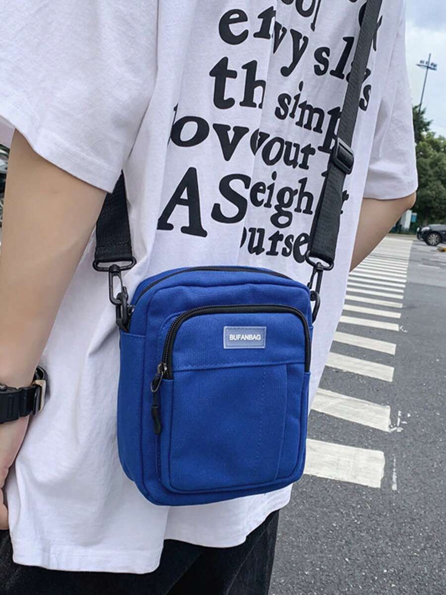 高中生大學新生多功能斜挎包肩袋休閒迷你男士字母圖案斜跨包,手提包書包適用於旅行、學校、戶外、運動、通勤,側袋假日必備輕便攜帶,可調節肩帶方形包袋 - 藍色 - 查看 1