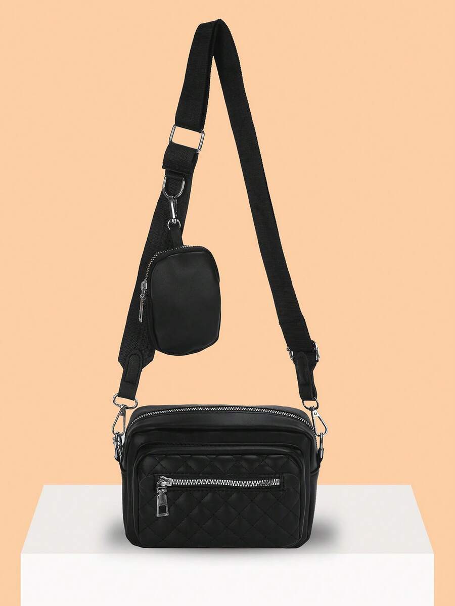 菱格拼接斜背包,時尚pu皮革套裝,女士多層肩背包,附小型錢包 - 黑色 - 查看 1