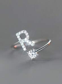 1入組精美優雅立體氧化鋯字母戒指，開口可調式女性女孩紀念基本戒指母親節，聖誕節禮物 - 銀色 - 查看 30