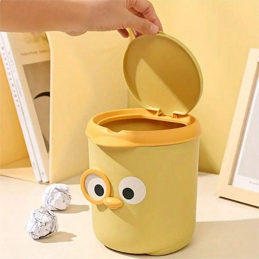 1 個黃色桌上垃圾桶,可愛迷你辦公室垃圾桶,簡約附蓋小型家用收納桶 - 黃色 - 查看 1