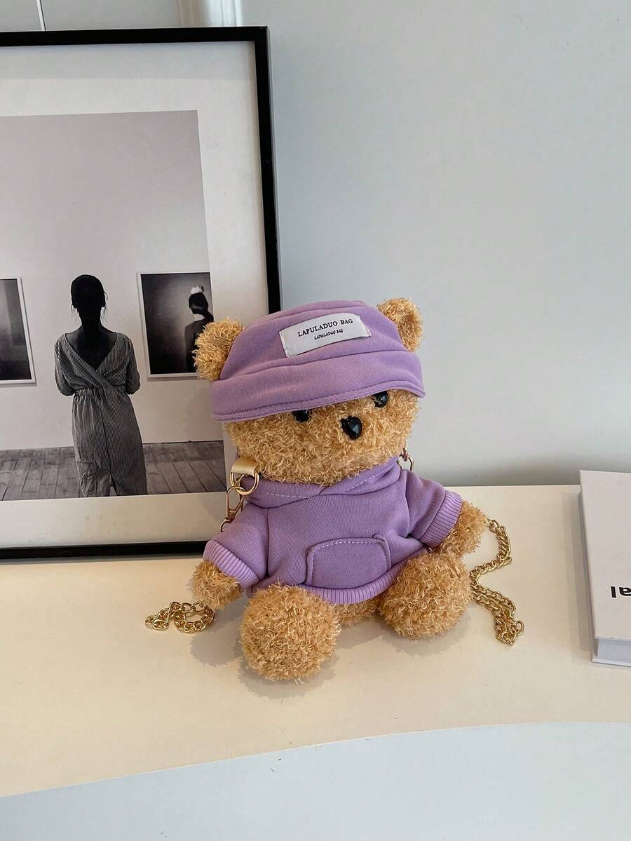 時尚卡通毛絨泰迪熊肩袋,金屬鏈帶肩帶,兒童款,男女皆宜