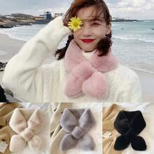 Thick Warm Faux Rabbit Fluffy & Plush Collar Women's Winter Solid Color Crossed Scarf - Black - View 3