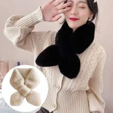 Thick Warm Faux Rabbit Fluffy & Plush Collar Women's Winter Solid Color Crossed Scarf - Black - View 1