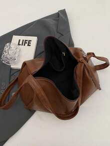 1pc Coffee Brown Simple Atmosphere Shoulder Bag Fashionable All-Match Round Cylinder Commuting Handbag For Four Seasons - Coffee Brown - View 7