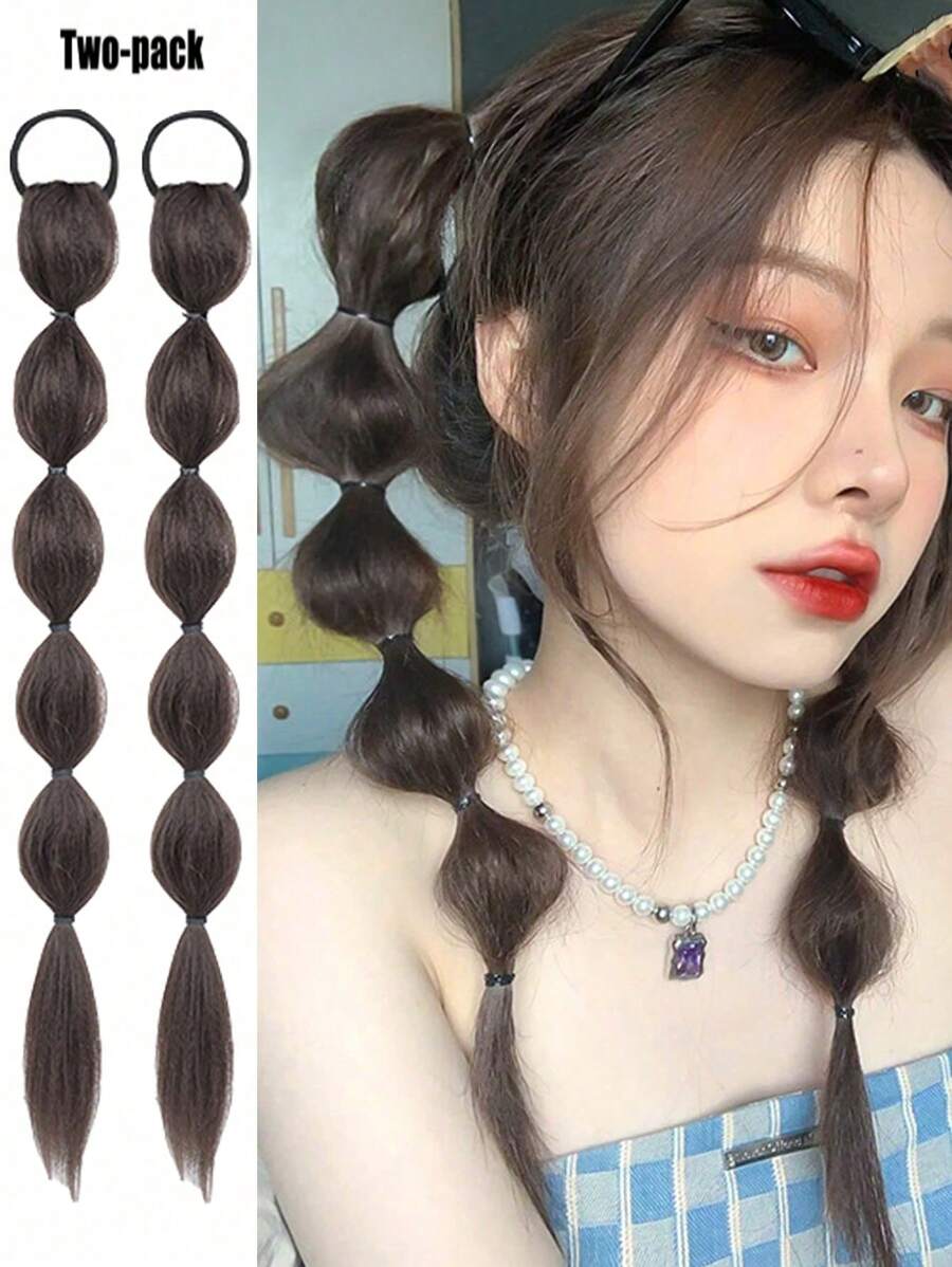 馬尾假髮女性辮子自然拳擊辮扭轉燈籠辮雙馬尾綁式泡泡蓬松辮 - Black-brown - 查看 1