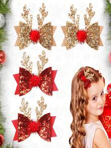 2 Stücke Mädchen Weihnachts Hirschgeweih Glitzer Haarclips mit Bommel & Schleife Dekor - Rot - Übersicht 4