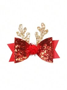 2 Stücke Mädchen Weihnachts Hirschgeweih Glitzer Haarclips mit Bommel & Schleife Dekor - Rot - Übersicht 6