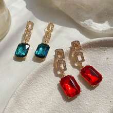 1對時尚復古幾何方形吊墜耳環鑲嵌藍色和紅色水鑽和人造水晶,適合女士日常佩戴